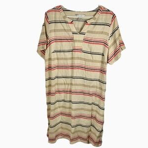 CJ Banks Striped V Neck Tunic Dress Coverup Women 14W Linen Blend Beachy Coastal